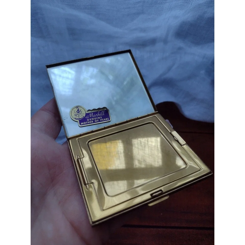 Vintage Marhill Genuine Mother of Pearl Checkerboard Compact Gold Tone Brass